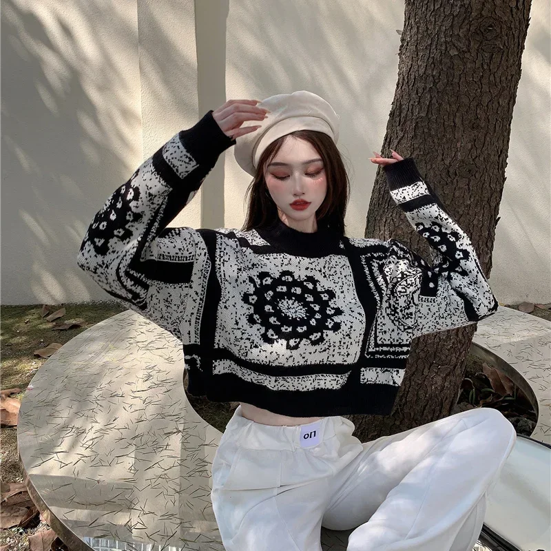 Women\'s Sweater Graphic Short Knit Tops for Woman Crop Pullovers Round O Neck Long Sleeve Crochet Korean Style Winter 2024 Sale