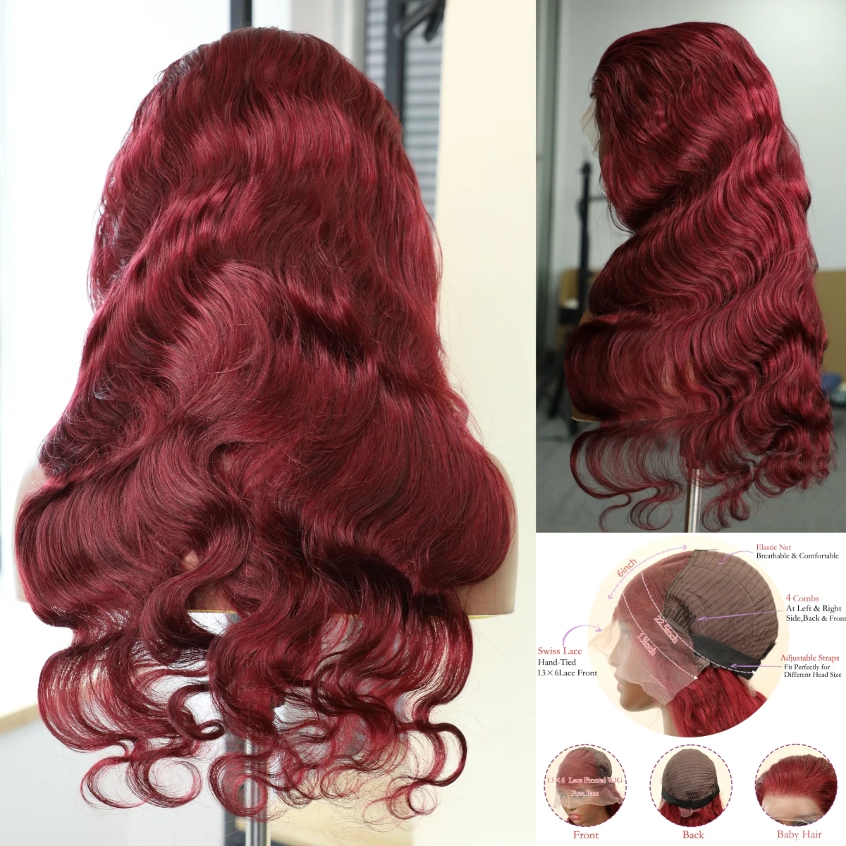 

Burgundy Wigs 99j Red 13x4 Lace Front Brazilian Wigs 250% Density For Women 13x6 Hd Lace Frontal Human Hair Wig Body Wave