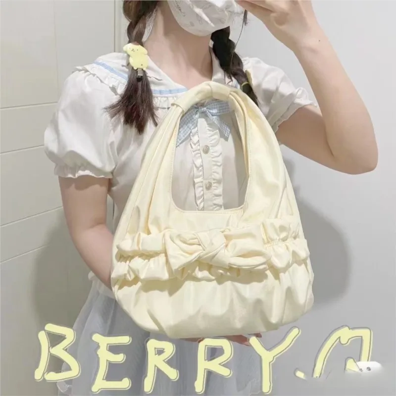 JIAERDI Harajuku Bow Beige Shoulder Bags Women Lolita Sweet Canvas Handbag Female Fairycore Aesthetic Kawaii Underarm Bag Y2k