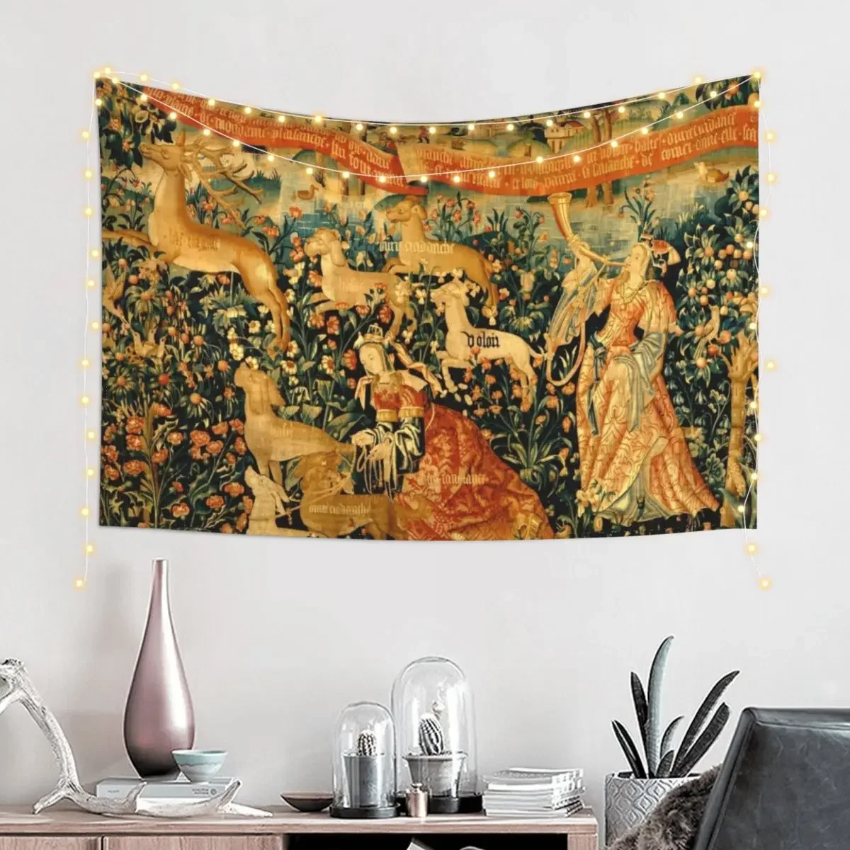 MEDIEVAL DEER HUNTING SCENE WITH LADIES AND DOGS Antique Tapestry Luxury Living Room Decoration Aesthetic Room Decor Tapestry