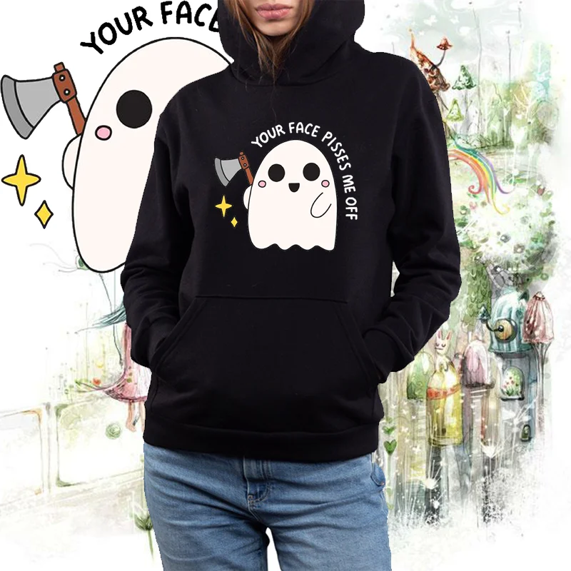 Autumn and Winter Ladies Hoodie Women Can Ghost Printed Hoodie Long Sleeve Hooded Sweatshirt Pullover Hoodie Tops