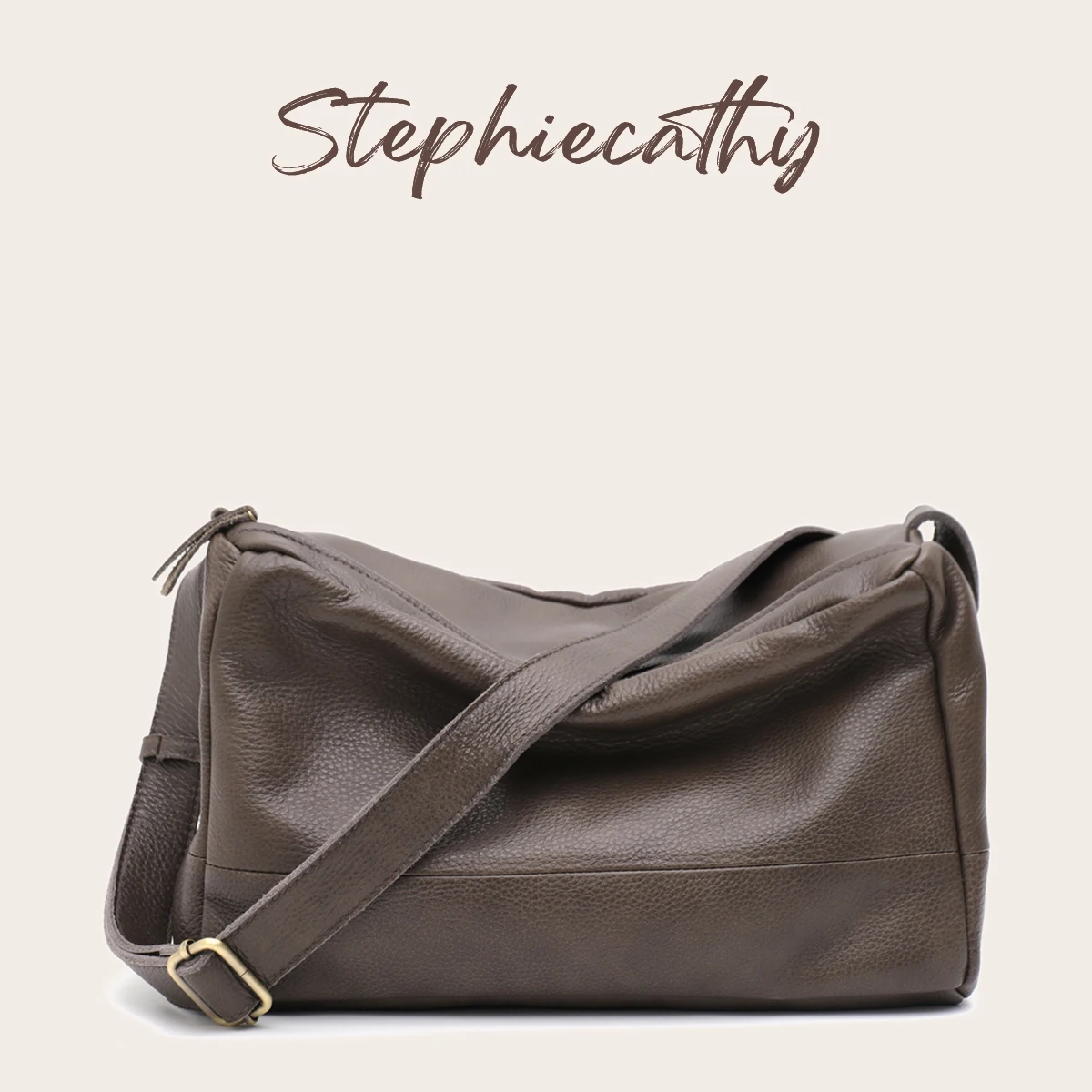 SC Large Capacity Soft Toast Shaped Crossbody Handbag Unisex Minimalist Casual Genuine Leather Shoulder Purse For Travel Busines
