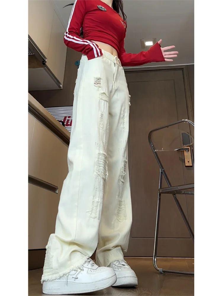 

Ретро-джинсы женские белые с рваными элементами, с высокой талией, прямые, свободные, широкие штанины, осенняя новинка