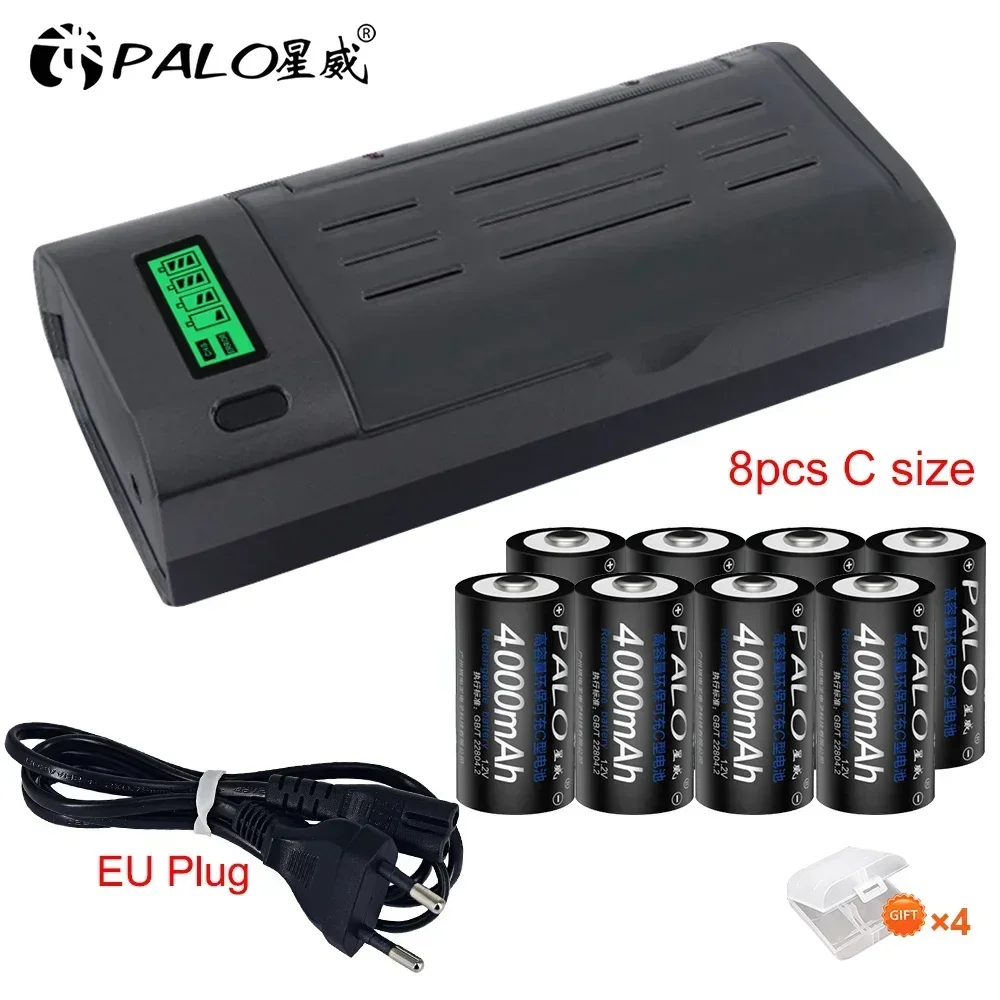 

PALO 1.2V C Size Rechargeable Battery 4000mAh Ni-MH Type C R14 Batteri For Gas Cooker Car Toy Flashlight Radio+ Smart Charger
