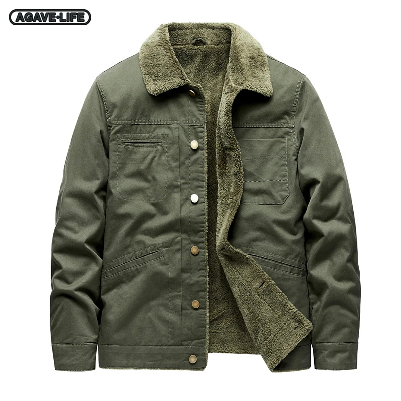 

Winter Men's Parkas Jackets 100% Cotton Coat Plus Fleece Thick Warm Men's Outdoor Jacket Military Casual Khaki Green Lamb Parkas