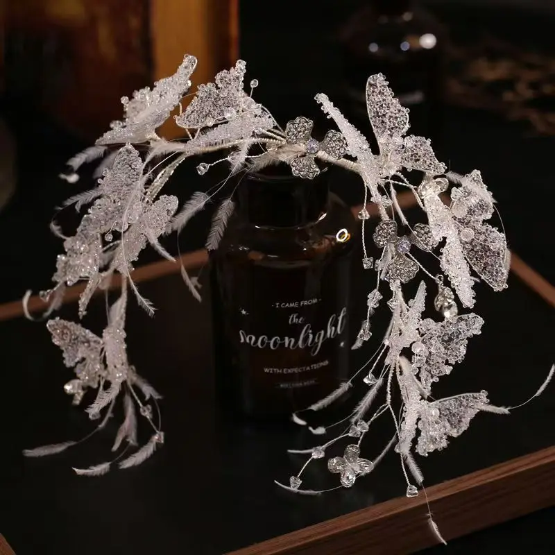 

Luxury Handmade Crystal Feather Butterfly Soft Headband Bride White Hairband Princess Headpieece Accessories