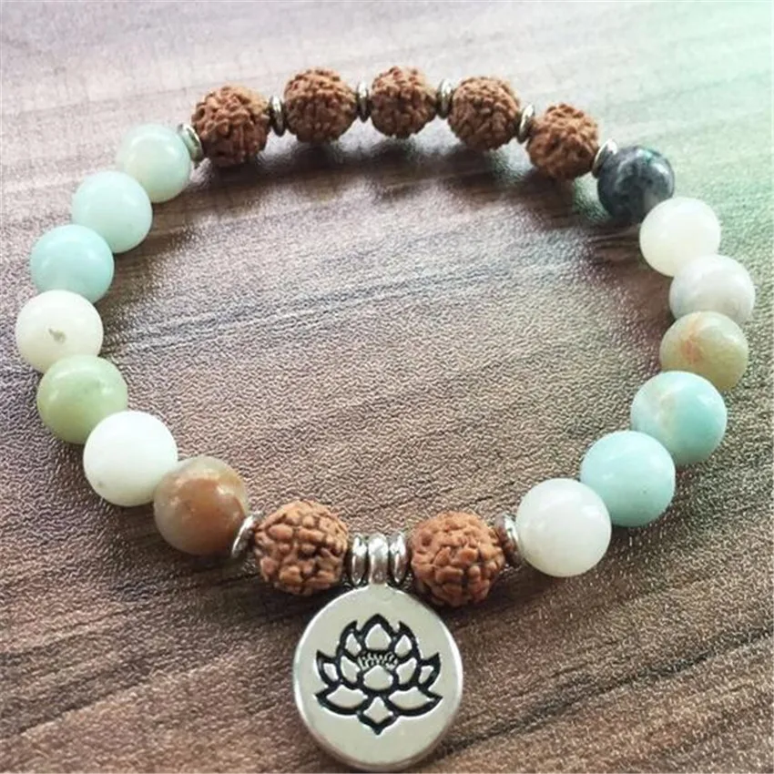 8mm Amazoniteite Rudraksha Bracelet 7.5 inches Chain Eco-Friendly Men Teens Wrap Stackable Handmade Prayer