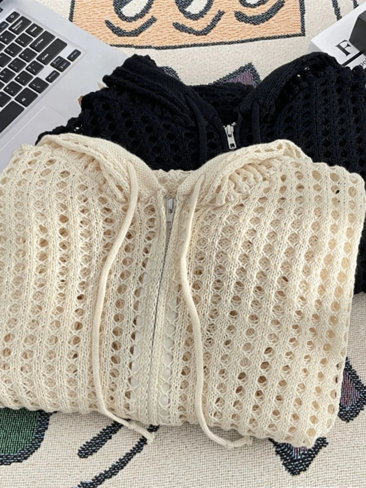 2026 Summer Women's Tops Trendy Hollow Out Hooded Knit Cardigan Thin Loose Lazy Style Sun Protection Outerwear