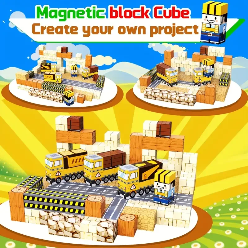 كتل مغناطيسية 100 قطعة مكعبات بناء مغناطيسية كتل مغناطيسية الطريق مع مسار مركبات البناء ألعاب البناء الجذعية