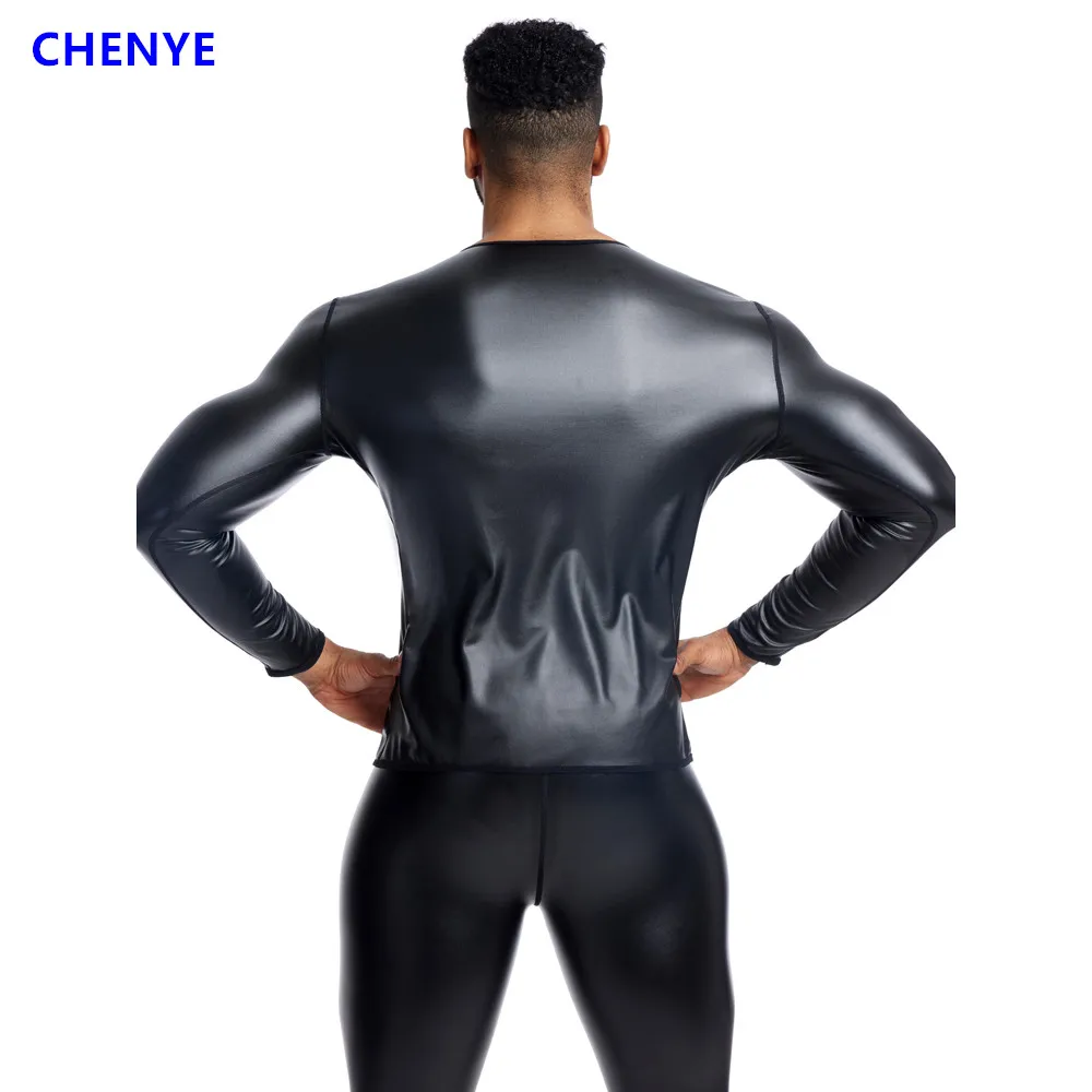 

CHENYE Men's Casual Leather Jacket Long Sleeve T-shirt Comfortable Black Top Men's Round Neck Long Sleeve PU Leather Sweatshirts