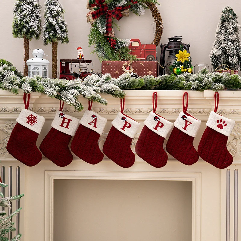 Christmas cute letters Creative knitwear pendant socks ambiance decorated children's candy gift bag props