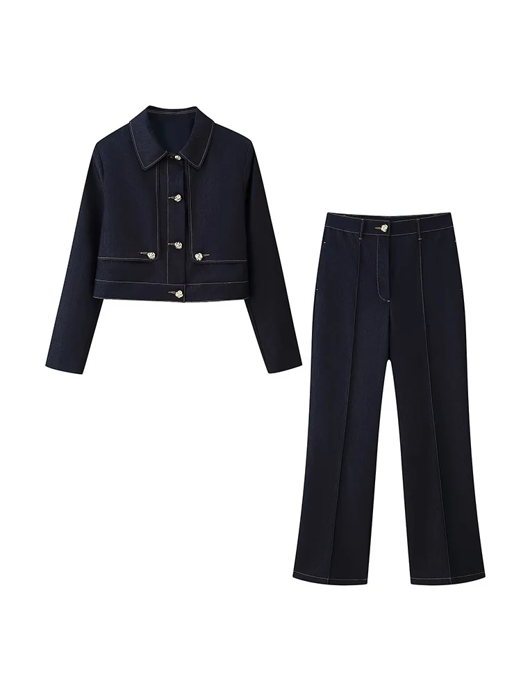 Estilo europeu novas roupas femininas elegantes e versáteis temperamento contraste cor costura jaqueta curta calças retas