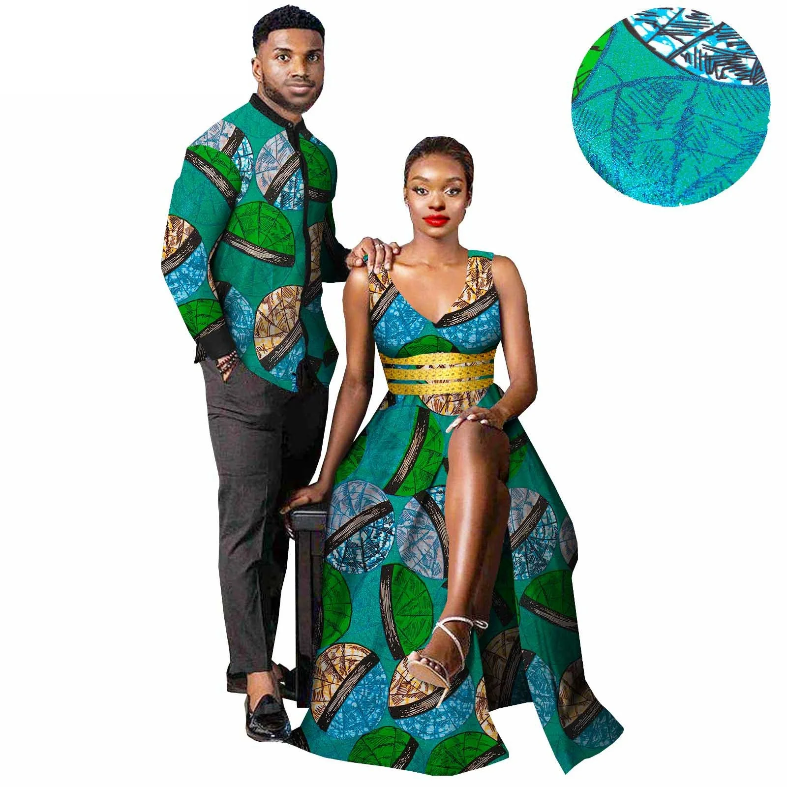 African Print Sexy V-neck Long Dresses for Women Matching Couple Outfits Dashiki Men Top Shirt and Pants Wedding Party Clothes