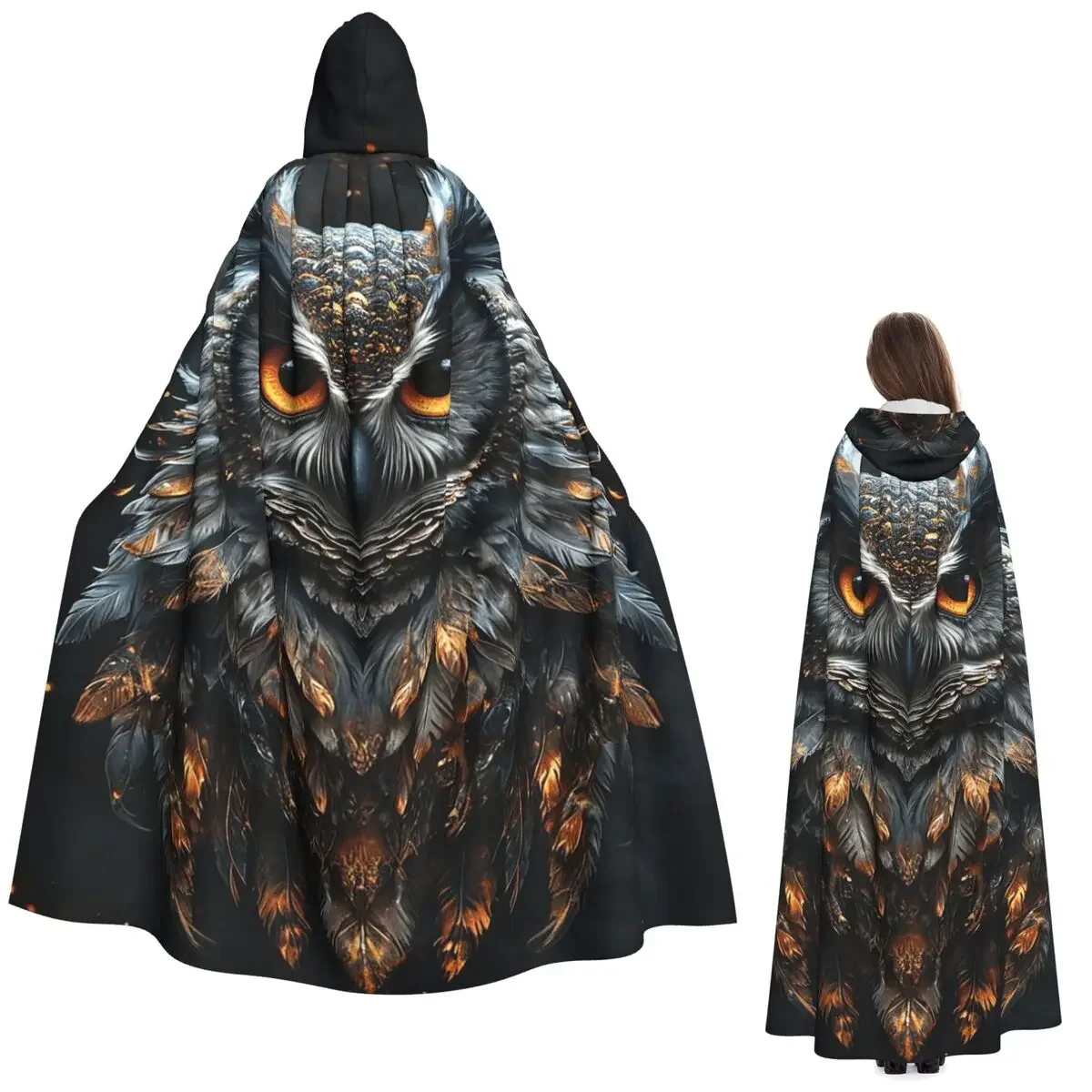 

Длинный плащ с капюшоном и портретом совы, средневековый костюм ведьмы, накидка для косплея, накидка на Хэллоуин, вечеринка для взрослых, унисекс