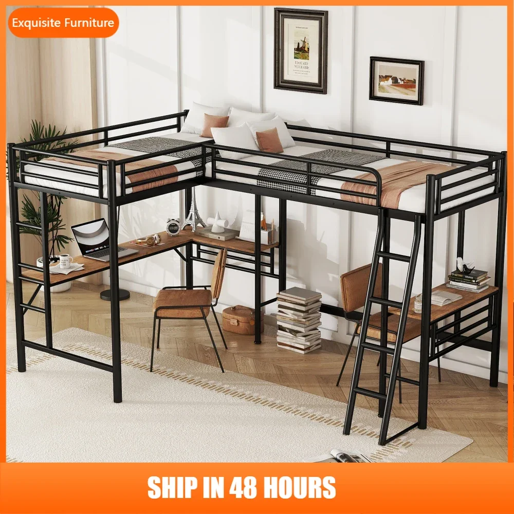 

Twin Size Metal Loft Bed with Two Built-in Desks,Black
