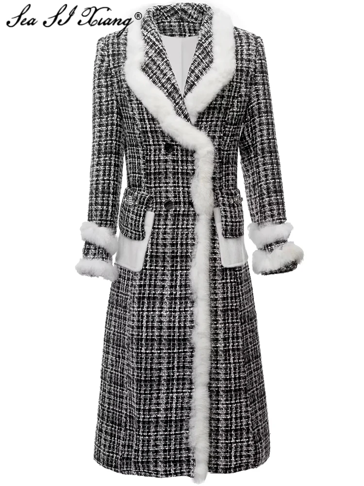 

Seasixiang Fashion Autumn Winter Plaid Tweed Coat Women Turn-down Collar Long Sleeve Diamond Feather High Street Outerwear
