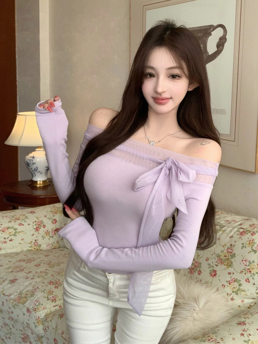 Misty Purple One-Shoulder Long-Sleeve T-Shirt with Lace-Binding Neckline Slimming Design Pure Desire Sexy Exposing Clavicle V...