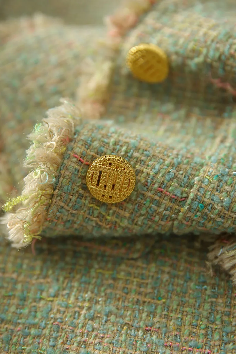 Ele een ort Płaszcz Damski Tweedowy Top Wiosna 2025 Nowy Elegancki Guziki Okrągły Dekolt Długi Rękaw Prosty Krój