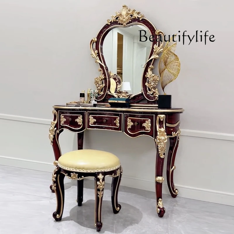 

European solid wood dresser French bedroom red sandalwood beauty club makeup table stool mirror luxury