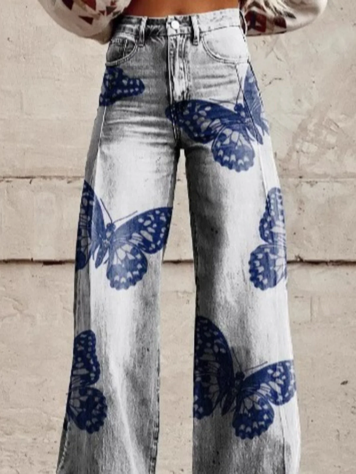 Spodnie damskie w stylu vintage z nadrukiem, plus size, szerokie nogawki, wysoki stan, codzienne długie spodnie, retro, wygodny krój, moda damska.