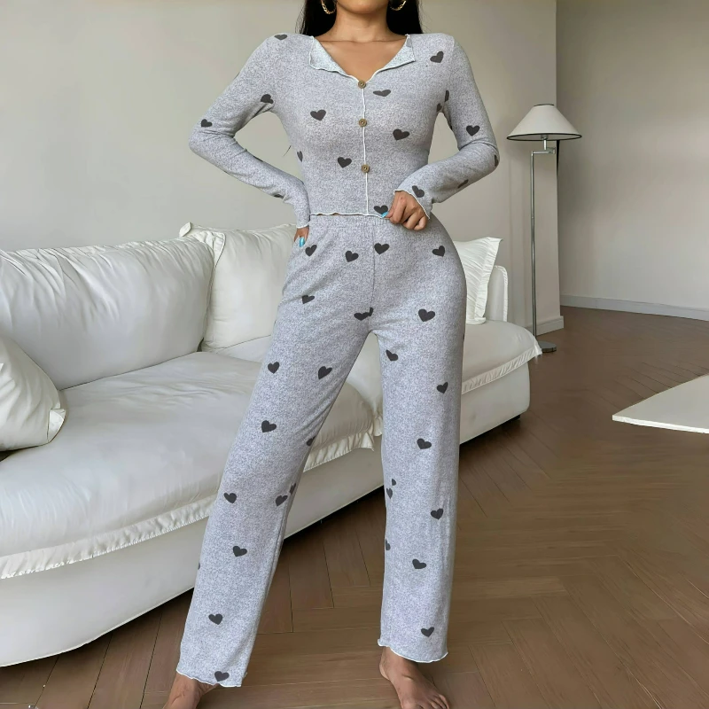 

New Fashionable Pajamas Fleece Printed Heart-shaped Long Pants Long-sleeved Home Wear Two-piece Set for Women 2026 Autumn/Winter