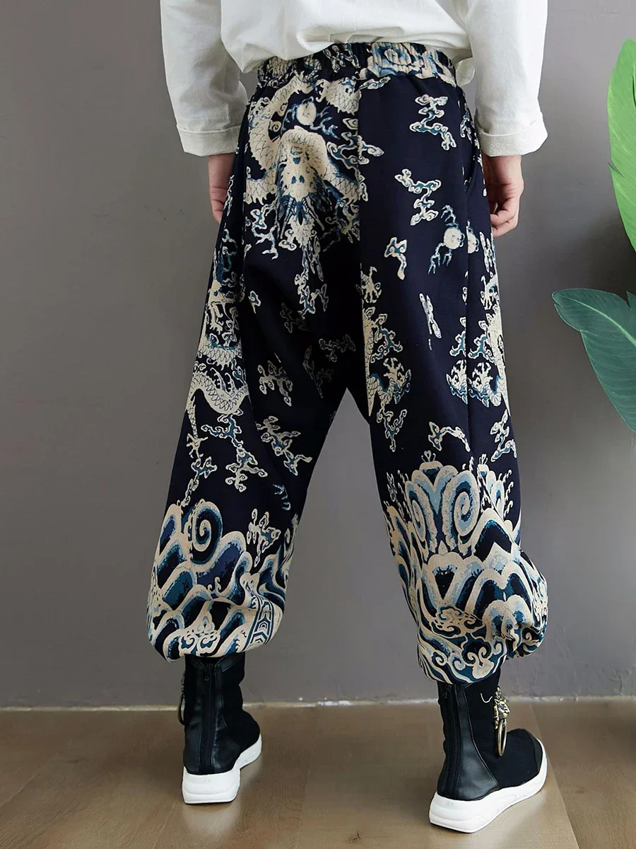 Winter Retro Cotton Linen Cross-Pants Chinese Style Loose Joggers Trousers Hip Hop Harem Wide Leg Baggy Pant