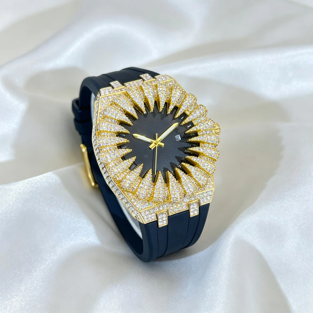 MISSFOX New Design Iced Diamond Watch Men Automatic Date Fashion Waterproof Quartz Clocks Hip Hop Gold Jewelry Wristwatch Gift