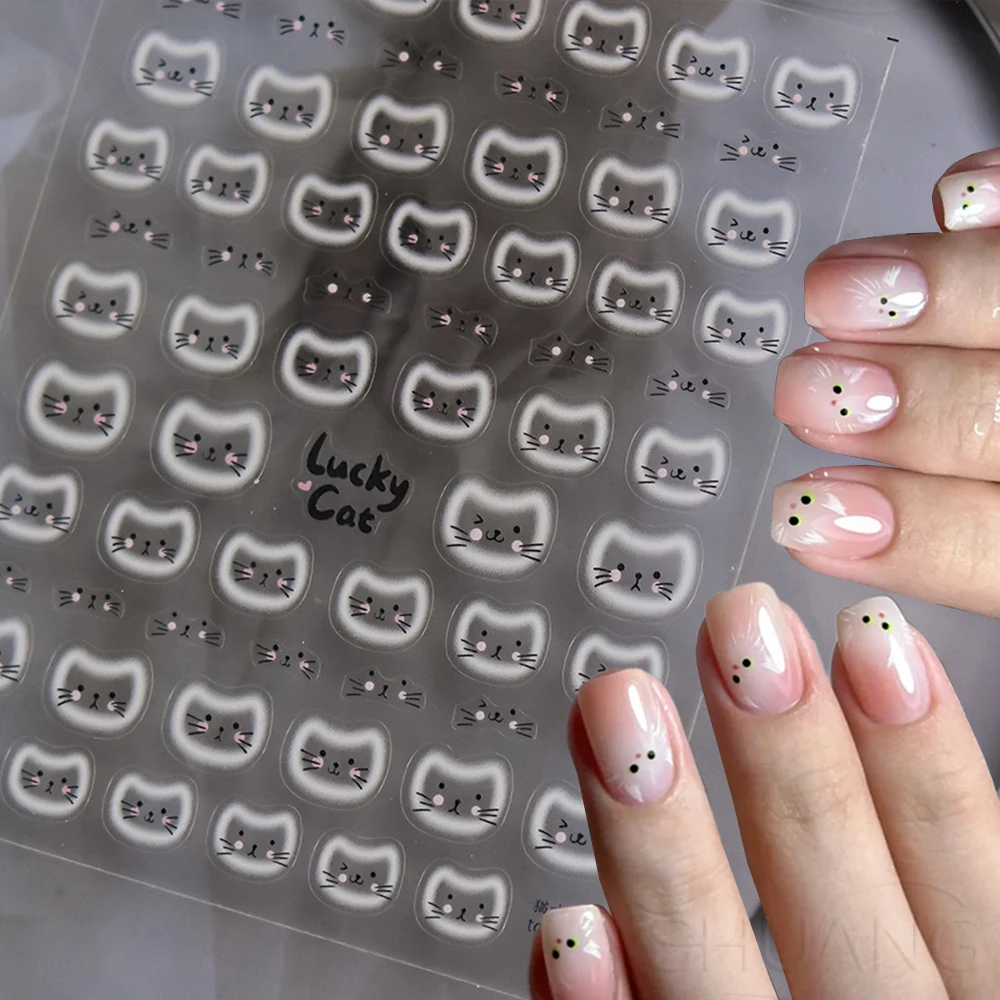 

1pcs 5D Cute Japanese Cat Expression Nail Sticker White Halo Dyeing Kitten Face Nail Decals Lovely Line Bunny Bear Manicure Deco
