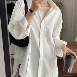 White Lapel Collar Solid Color Shirt Women 2024 Spring Loose Design Sense Niche French Unique Casual Long Sleeved Forking Tops