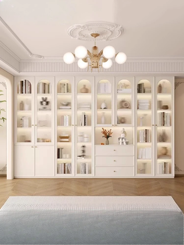 

Solid wood cream wind bookcase, locker integrated living room display cabinet with glass door bookshelf floor shelf