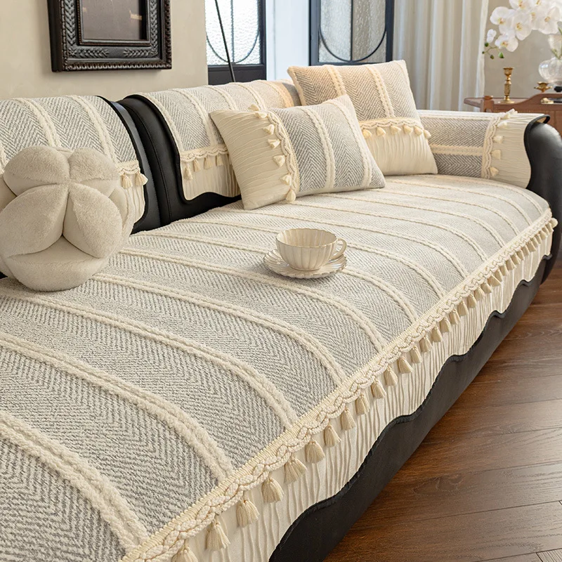 Striped Plush Half Fleece Sofa Cushion Cover Four Season Universal Throw Cover Fit Irregular Shaped Non Standard Sofa