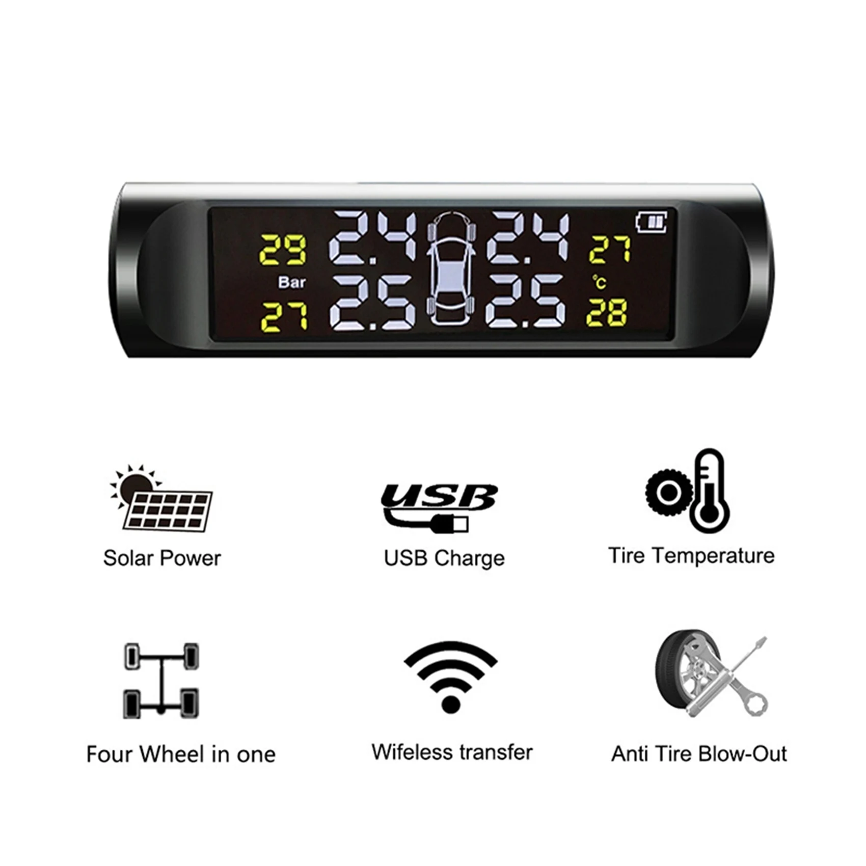 Powerful 2X Solar Tpms Car Tire Pressure Alarm Monitoring System 4 External Automatic System Tire Pressure Temperature Warning