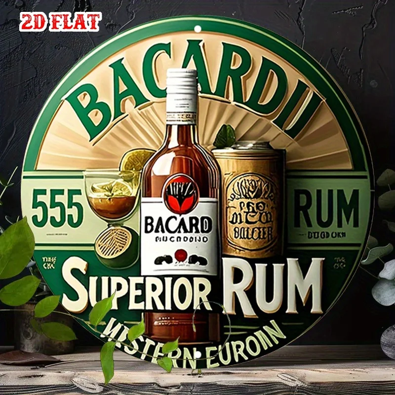 2D Flat, Bacardi Rum Aluminum Metal Tin Sign - Round Wall Art, Tropical Drink Design with Rum Bottle, Lime & Can, Rustic Decor