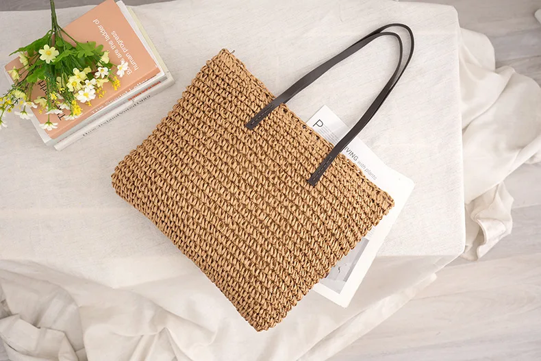 Große Kapazität Papier-Gras-Stroh Gewebte Körbe Quadratische Damen-Handtasche Mehrfarbige Umhängetasche für Frauen – Detail 25