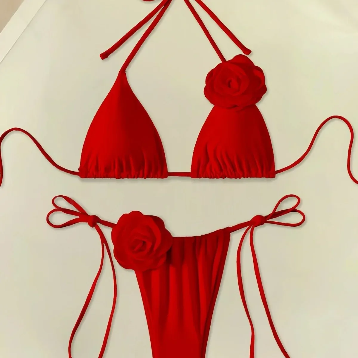 Bikinis Set Sexy 3D Flower Red Triangle Micro Thong Swimsuits Women String Halter Bathing Suit Bikini 2025 Mujer Biquinis Beach