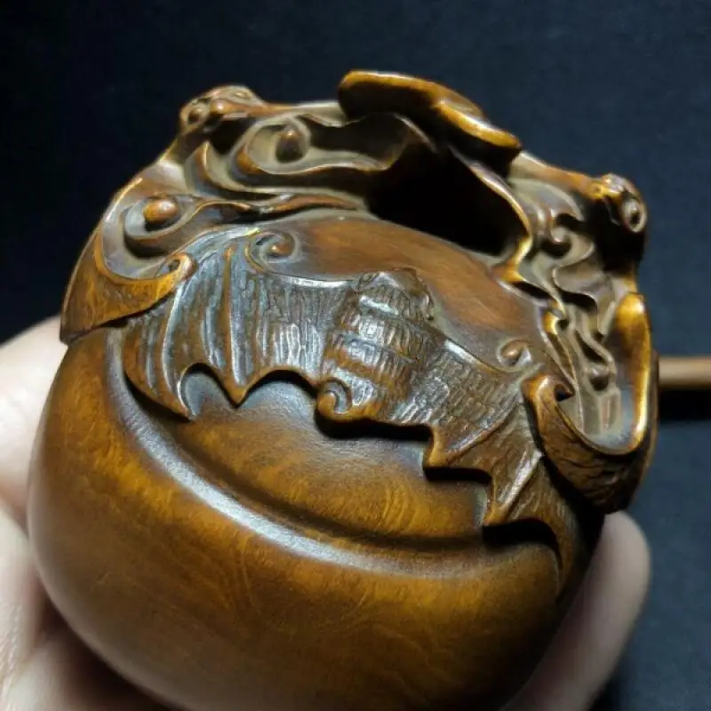 Hand Carved Boxwood Wooden Fish with Bat Motif Handheld Gong Meditation Percussion Instrument Desktop Ornament