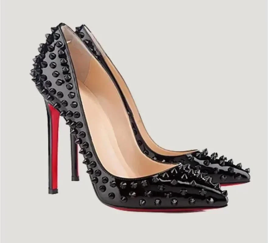 

New Luxury Women Shoes High Heels Rivets Pumps Red Bottom Pointed Studded Full Spikes Ladies Brand Wedding Shoes