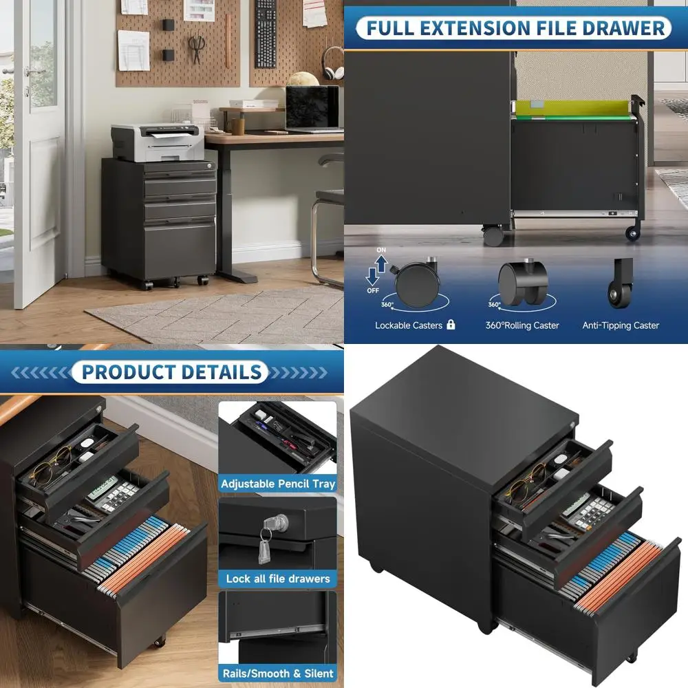 

3-Drawer Metal File Cabinet with Wheels, Home Office Desk Storage, A4/Letter, Hanging Folders - Black