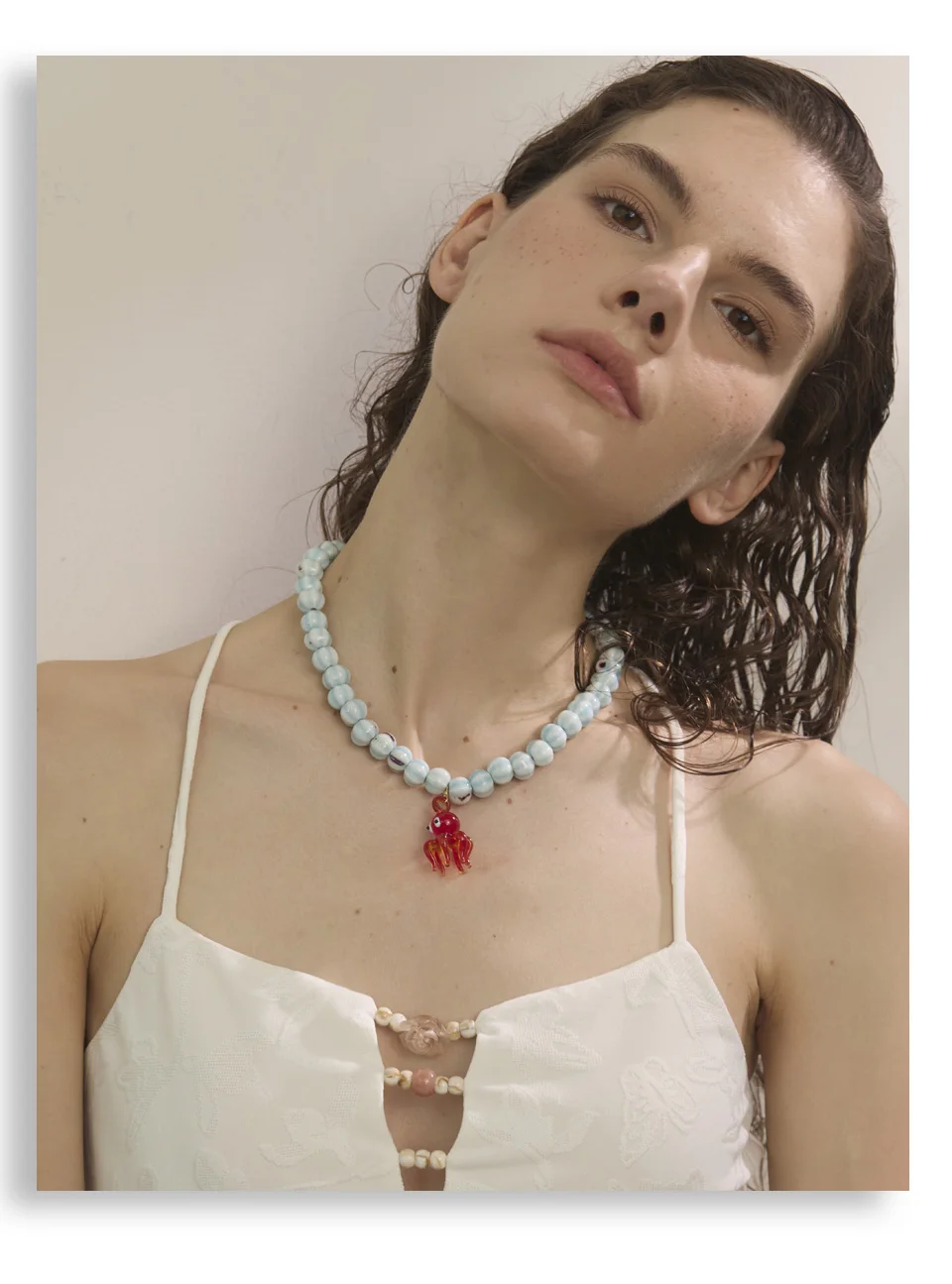 Blue Octopus Pendant Necklace with Ceramic Beads Chain