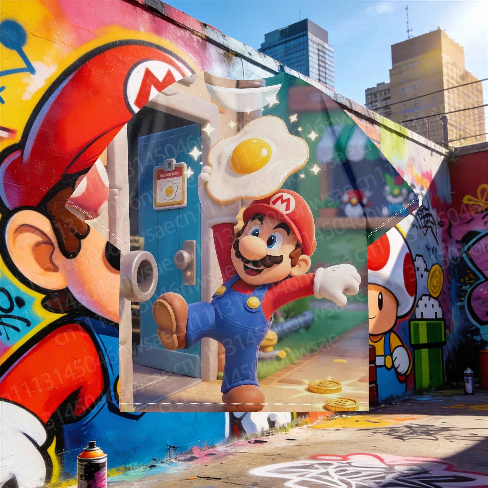

Футболка Super Mario Fried Egg Adventure 2026, забавная футболка с принтом Марио, держащего яйцо, размеры для взрослых и детей, семейные комплекты для повседневной носки