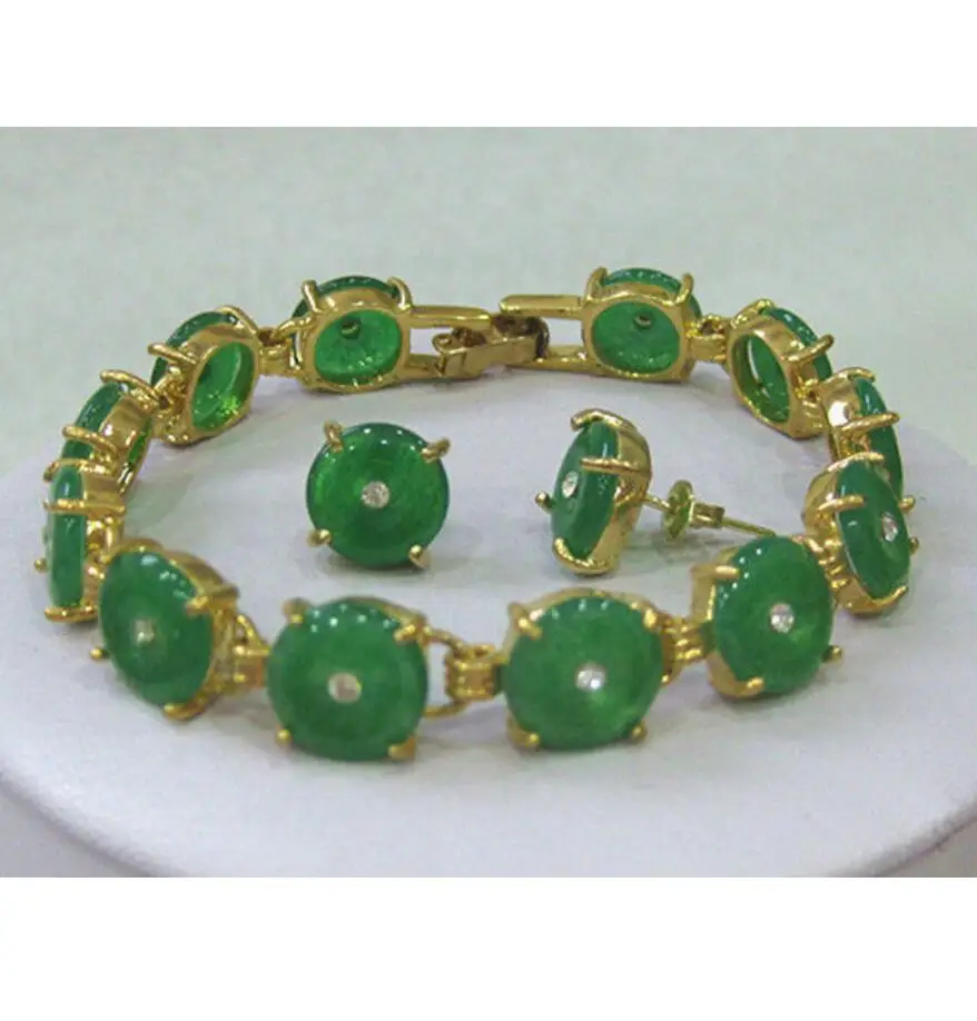 

Fashion jewelry Natural Green Jade bracelet earrings set 7.5inch AAA