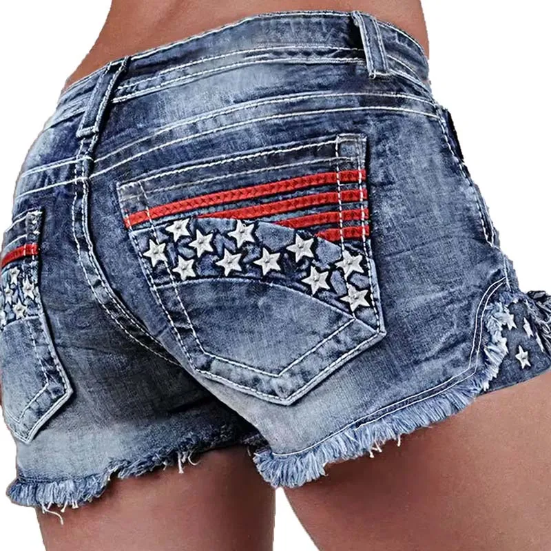 Shorts jeans bordados angustiados para mulheres, estilo retrô, cheio de elasticidade, bainha de pele, moda de verão