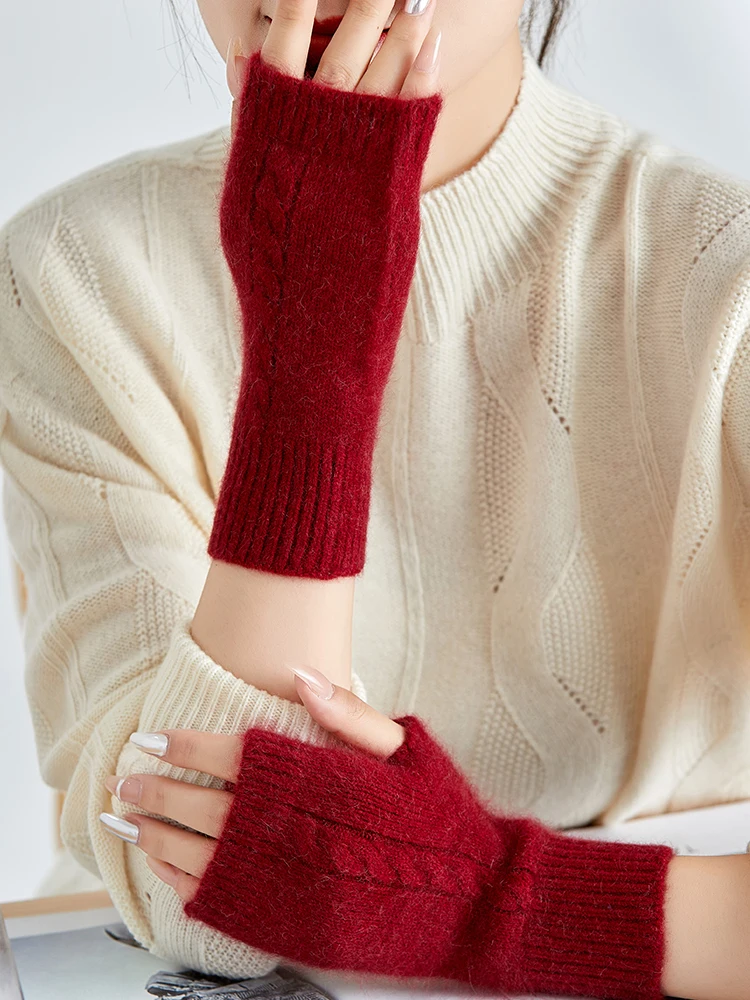 Nerz Kaschmir Herbst Winter Handschuhe Kabel Nahtlose Bequeme Fingerlose Warme Waschbär Wolle Handschuh Daumen Loch Handschuhe Weibliche Schöne – Detail 16
