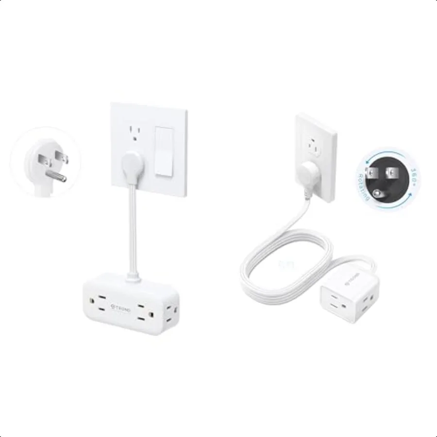 

Flat Extension Cord 6ft with 360 Rotating Plug Low Profile Small Power Strip + Outlet Extender with 6 Inch Cord Flat Plug Adapt