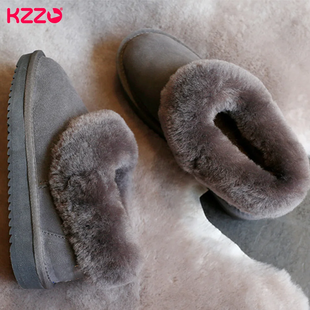 KZZO Fashion Genuine Leather Winter Ankle Snow Boots Women Australia Natural Wool Fur Lined Casual Short Warm Shoes Non-slip