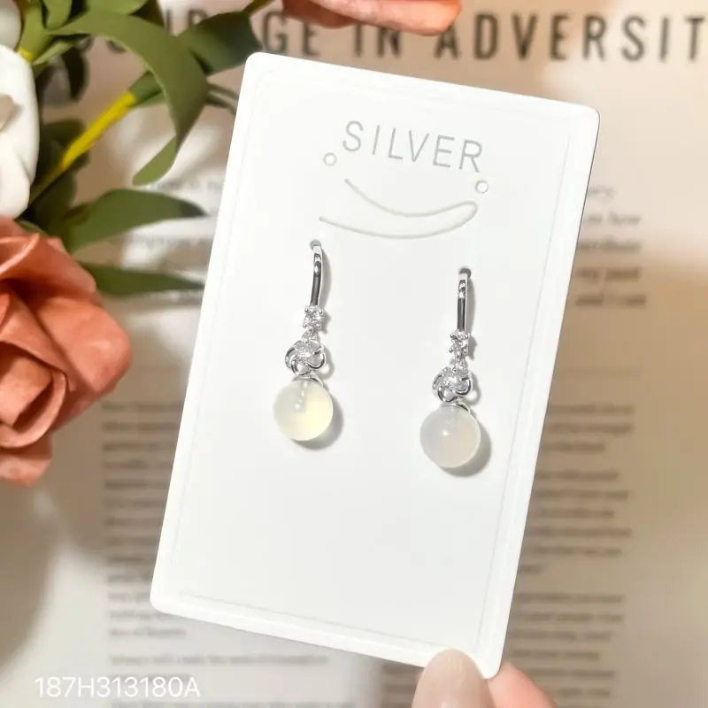 s925Sterling Silver Earrings Women Minority Fashion Graceful Personality Chalcedony Earrings French Style High Sense Ear Hoo