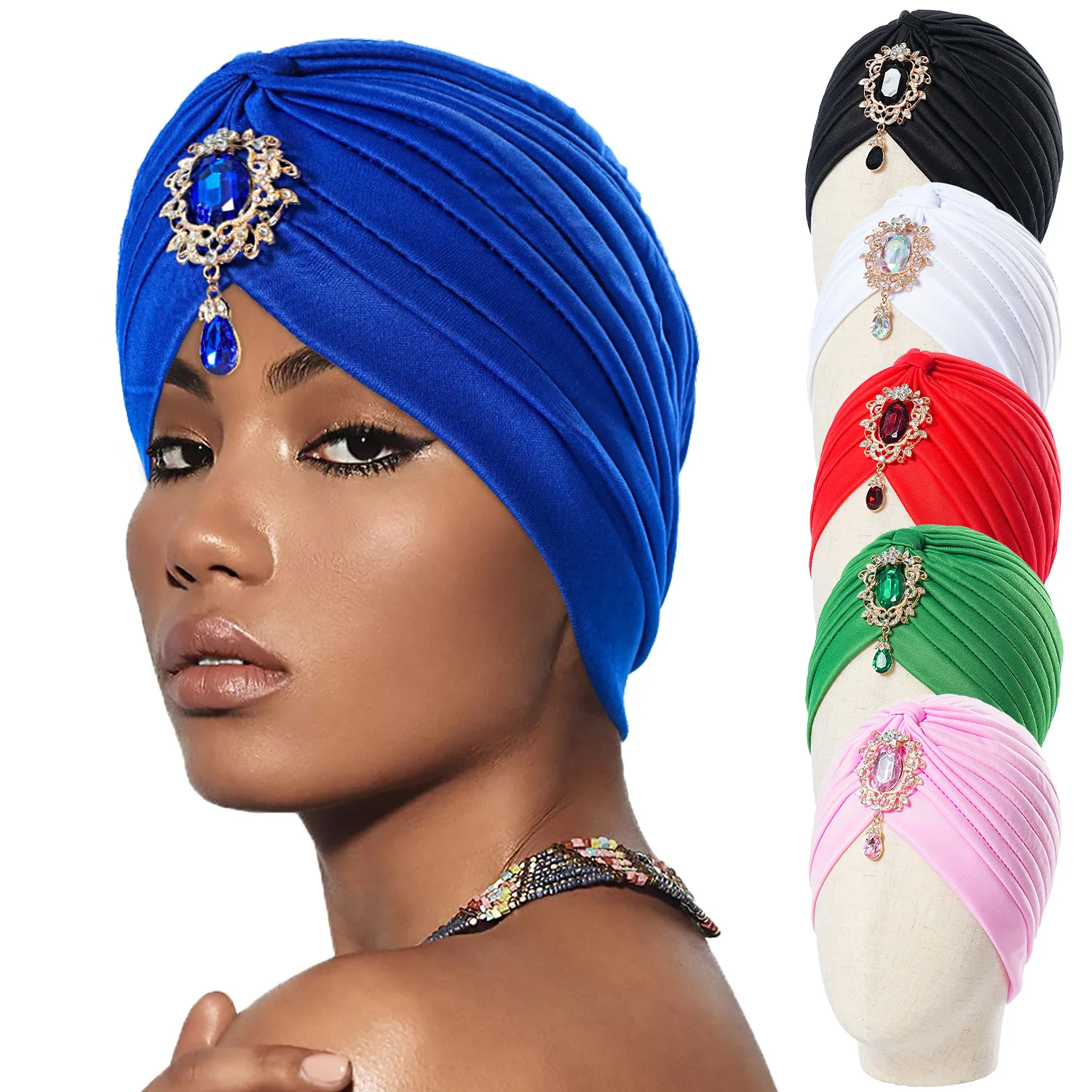 Women Luxury Diamonds Divas Stretchable Turban Head Wrap Hat Female Muslim Indian Hat Bandana Chemo Cap African Hat Headwear