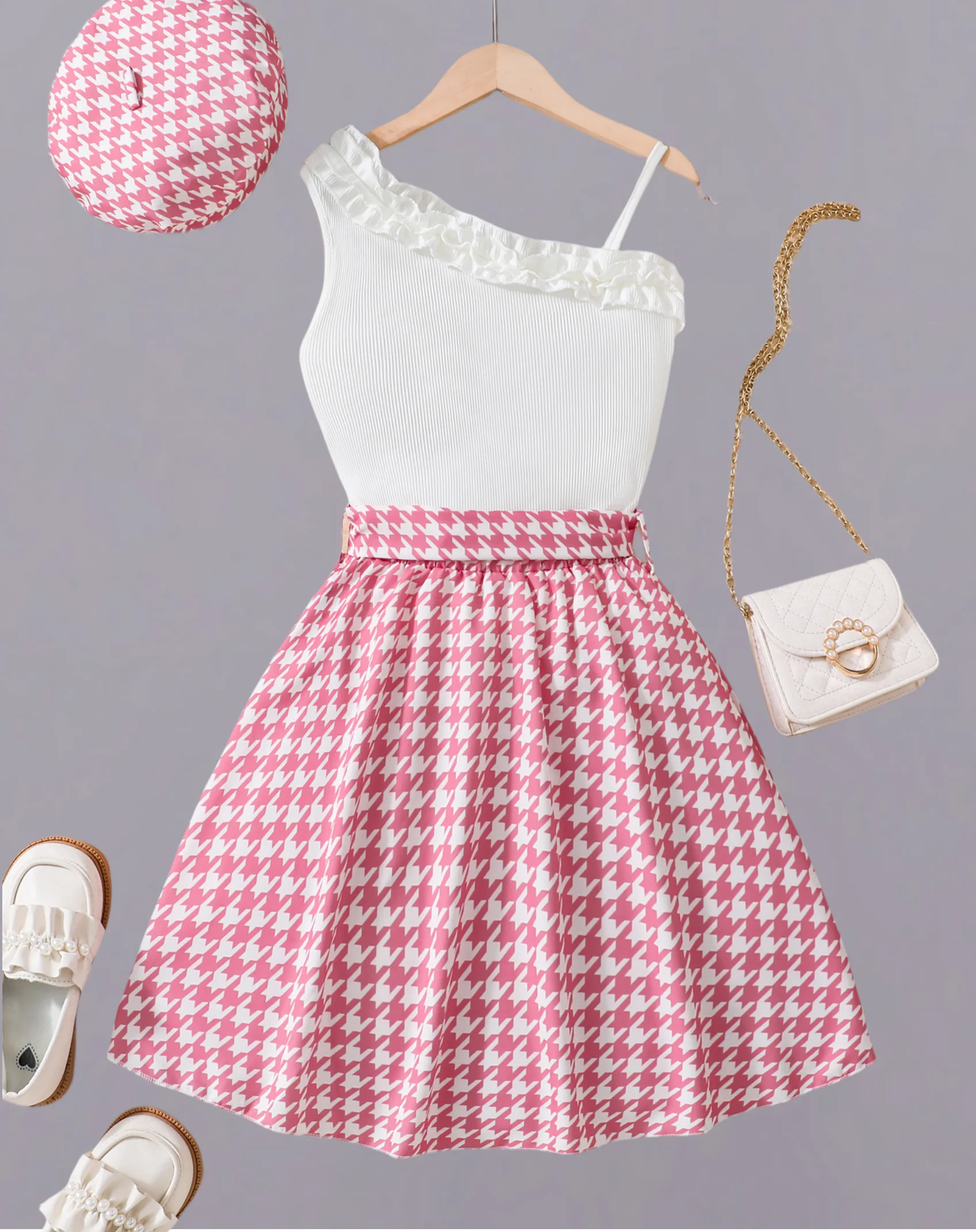 Summer girl sweet cute novel lace oblique shoulder white strap pink thousand bird check bow waist A-line slimming dress with hat