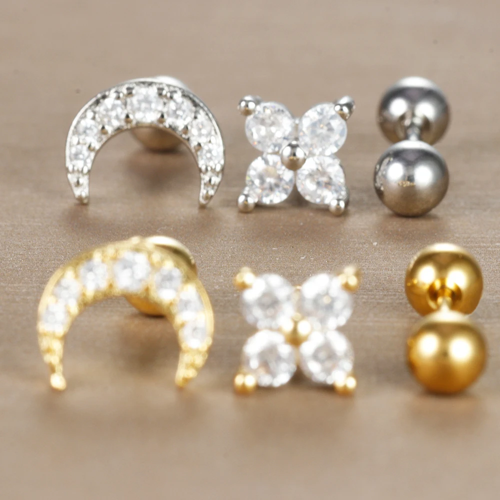 3PCS/Set Trendy Stainless Steel Crystal Flower Moon Earrings for Women Helix Tragus Cartilage Ear Stud Earring Piercing Jewelry