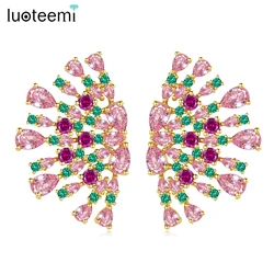 LUOTEEMI Korean Fashion Big Flower Cubic Zirconia Stud Earring for Women Unusual Pink Stones Jewelry for Bridal Wedding Luxury